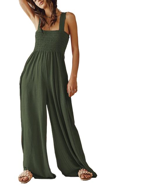 Smocked Wide Strap Jumpsuit - Flyclothing LLC