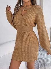 Cable-Knit Cutout Round Neck Slit Sweater - Flyclothing LLC