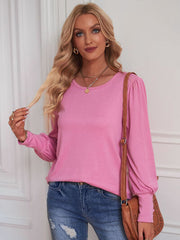 Round Neck Lantern Sleeve Blouse - Flyclothing LLC