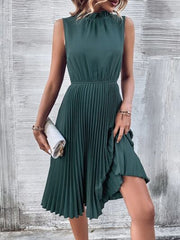 Pleated Frill Mock Neck Sleeveless Dress - Flyclothing LLC