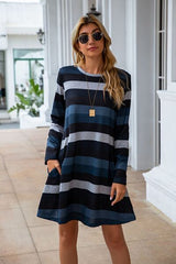 Striped Round Neck Long Sleeve Dress - Flyclothing LLC