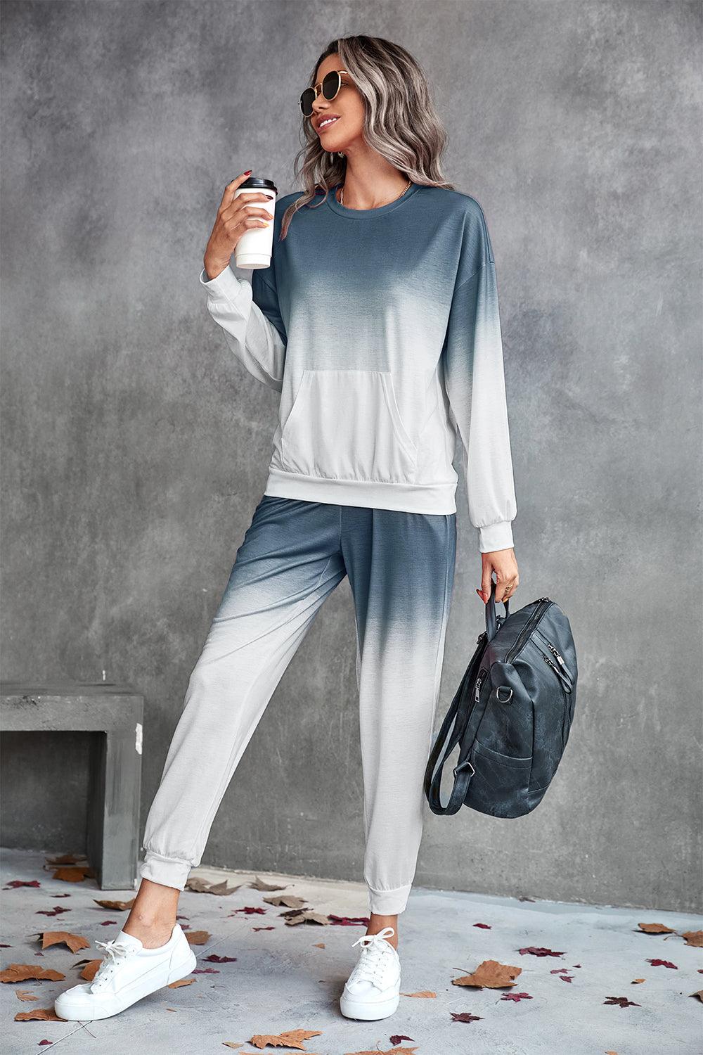 Gradient Round Neck Sweatshirt and Joggers Set - Flyclothing LLC