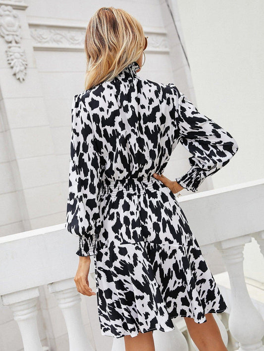 Printed Lantern Sleeve Turtleneck Dress - Trendsi