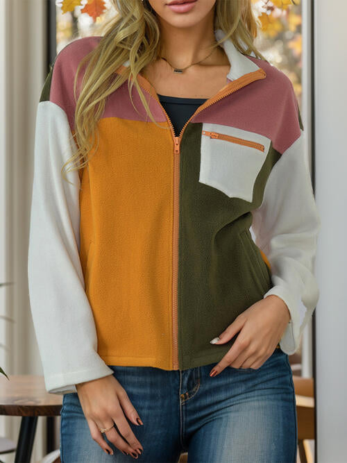 Color Block Zip-Up Long Sleeve Jacket - Flyclothing LLC