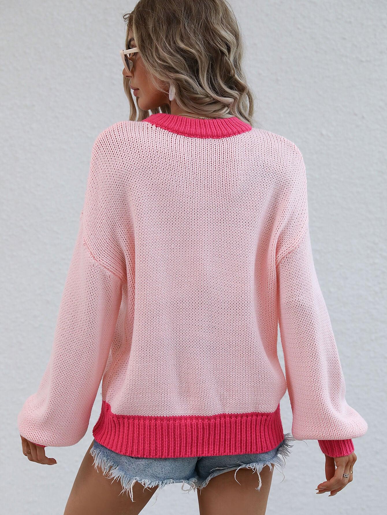 Contrast Trim Drop Shoulder Pullover Sweater - Flyclothing LLC