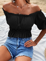 Off-Shoulder Frill Trim Peplum Top - Flyclothing LLC