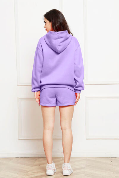 Drop Shoulder Long Sleeve Hoodie and Shorts Set - Flyclothing LLC