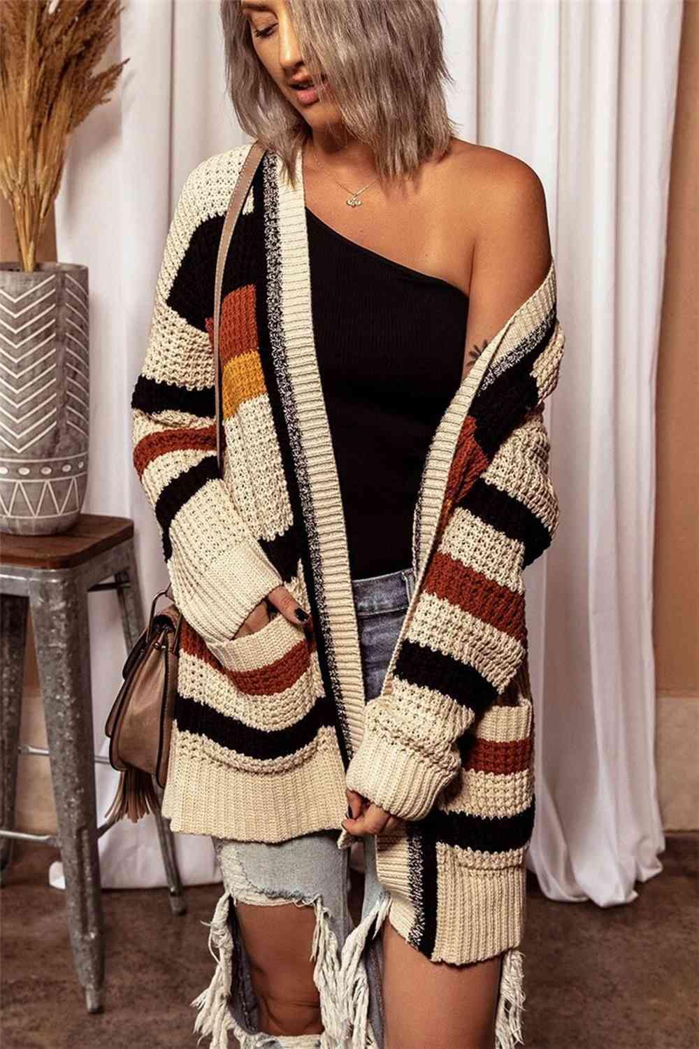 Striped Open Front Longline Cardigan - Flyclothing LLC