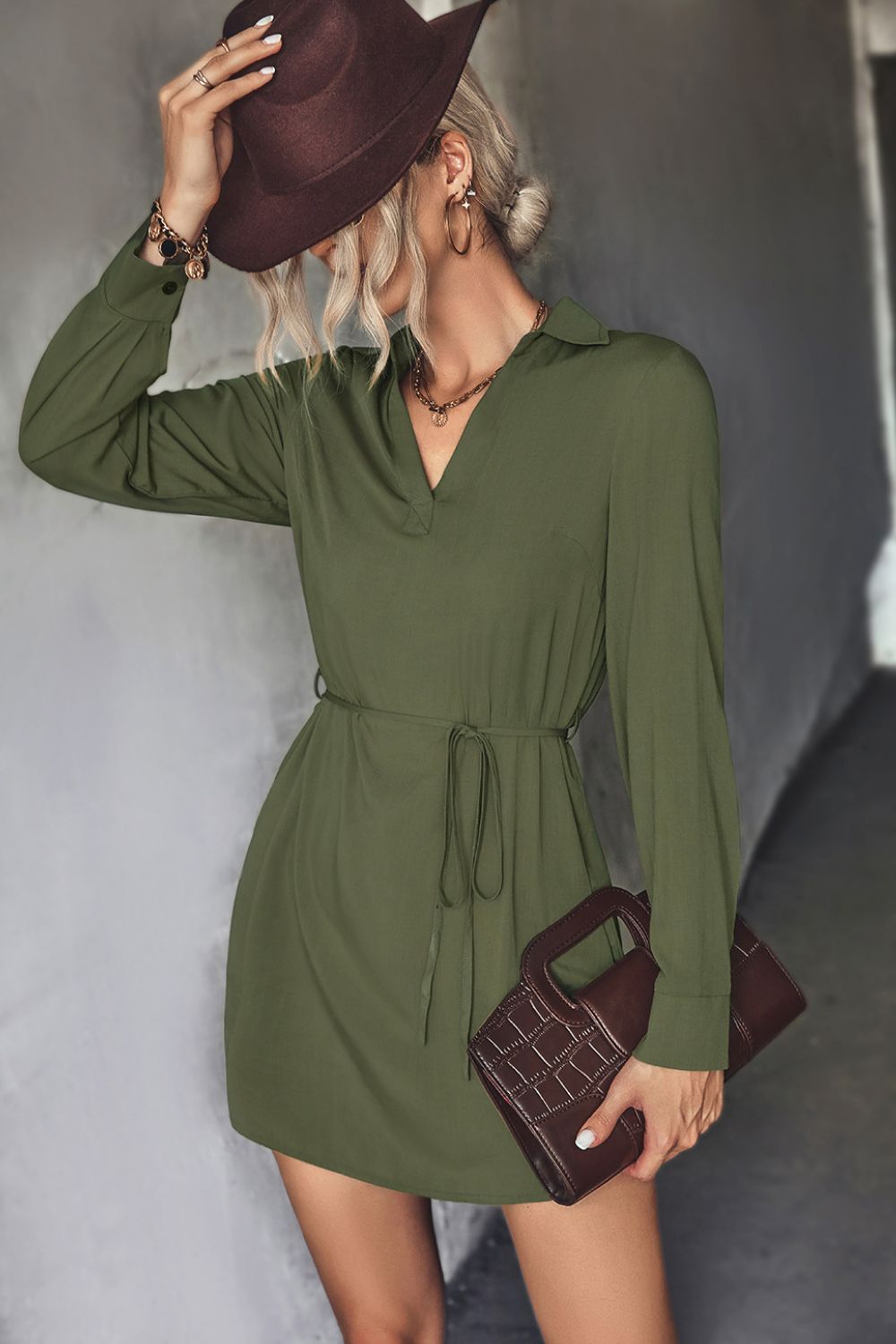 Belted Johnny Collar High-Low Shirt Dress - Flyclothing LLC