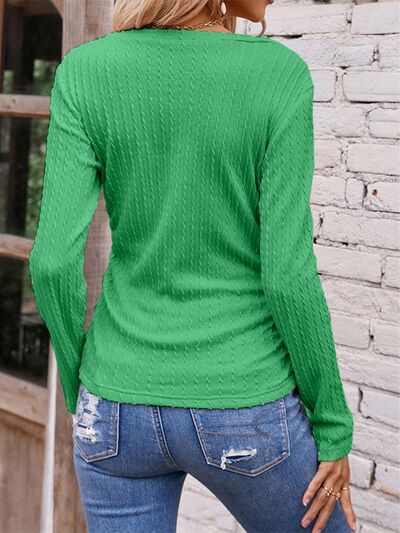 Textured Ruched V-Neck Long Sleeve T-Shirt - Flyclothing LLC