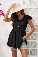 Decorative Button V-Neck Cap Sleeve Blouse - Flyclothing LLC