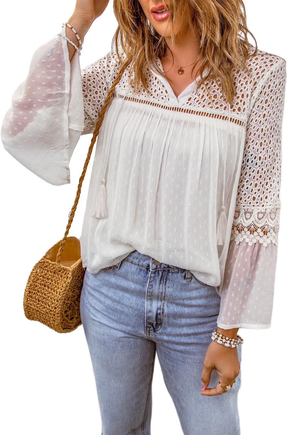 Eyelet Tassel Tie Flare Sleeve Blouse - Flyclothing LLC