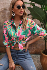 Floral Print Collared Neck Long Sleeve Shirt - Flyclothing LLC