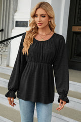 Round Neck Flounce Sleeve Blouse - Flyclothing LLC