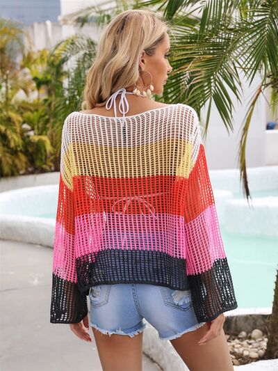 Color Block Openwork Boat Neck Cover Up - Trendsi