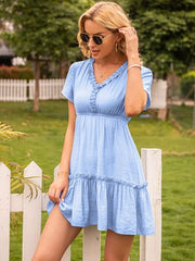 Frill V-Neck Short Sleeve Ruffle Hem Dress - Flyclothing LLC