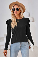 Round Neck Puff Sleeve Blouse - Flyclothing LLC