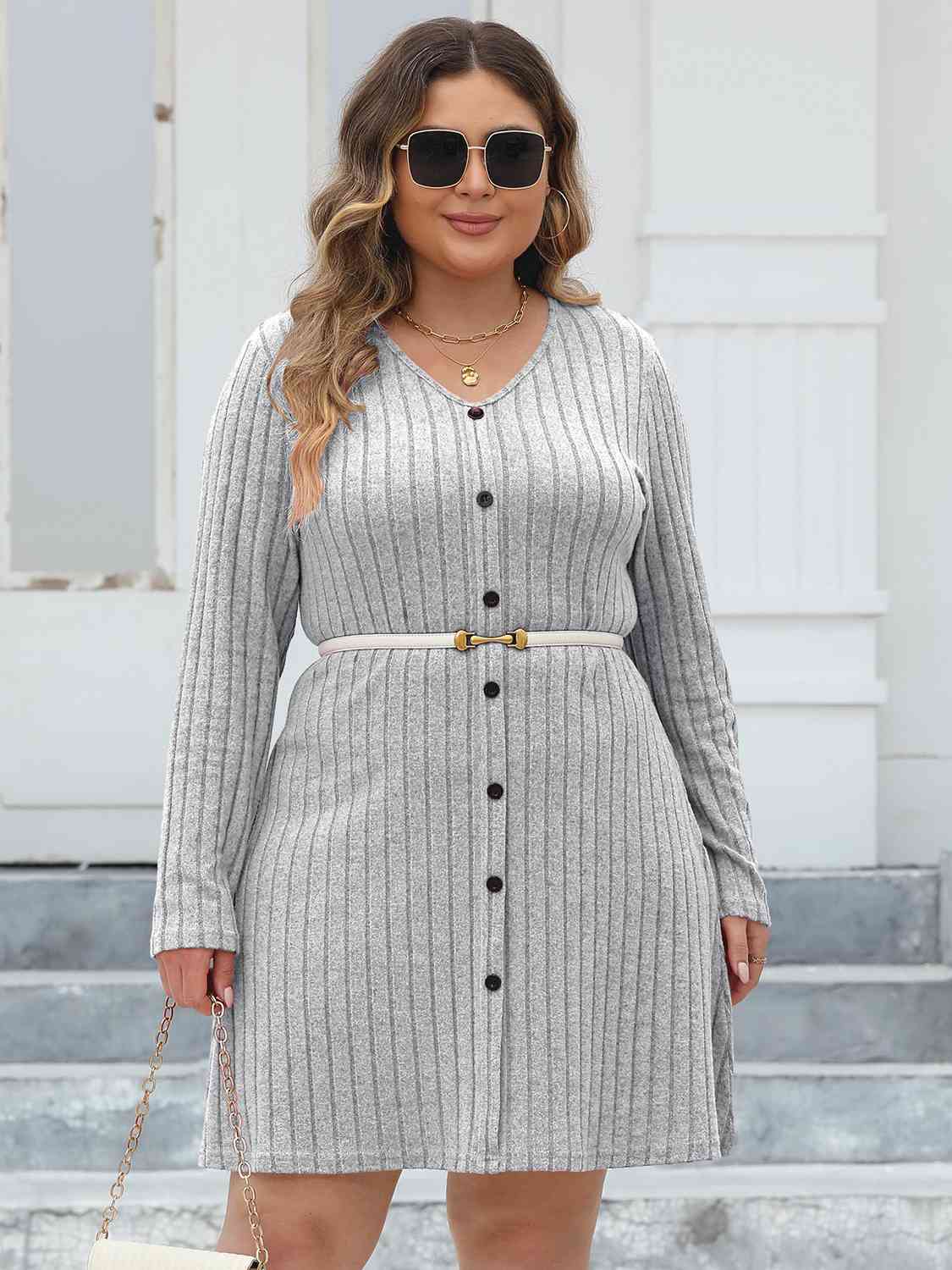 Plus Size Ribbed Buttoned V-Neck Long Sleeve Dress - Flyclothing LLC