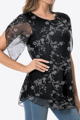 Printed Round Neck Curved Hem Blouse - Flyclothing LLC