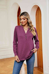 Buttoned Notched Neck Long Sleeve Top - Flyclothing LLC