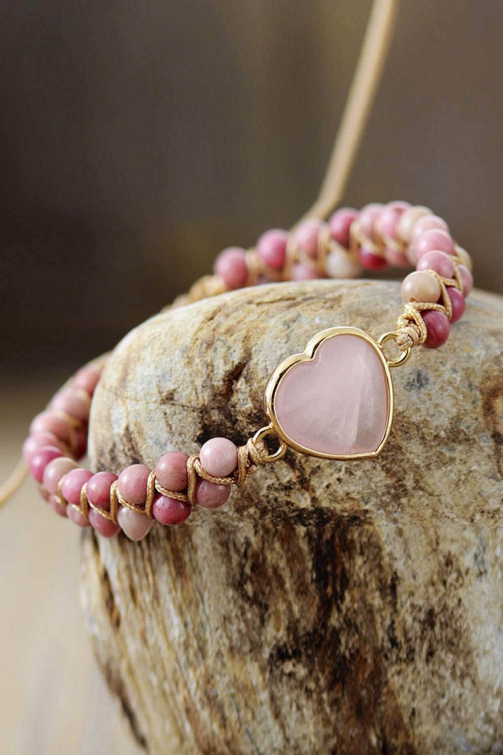 Rose Quartz Heart Beaded Bracelet - Trendsi