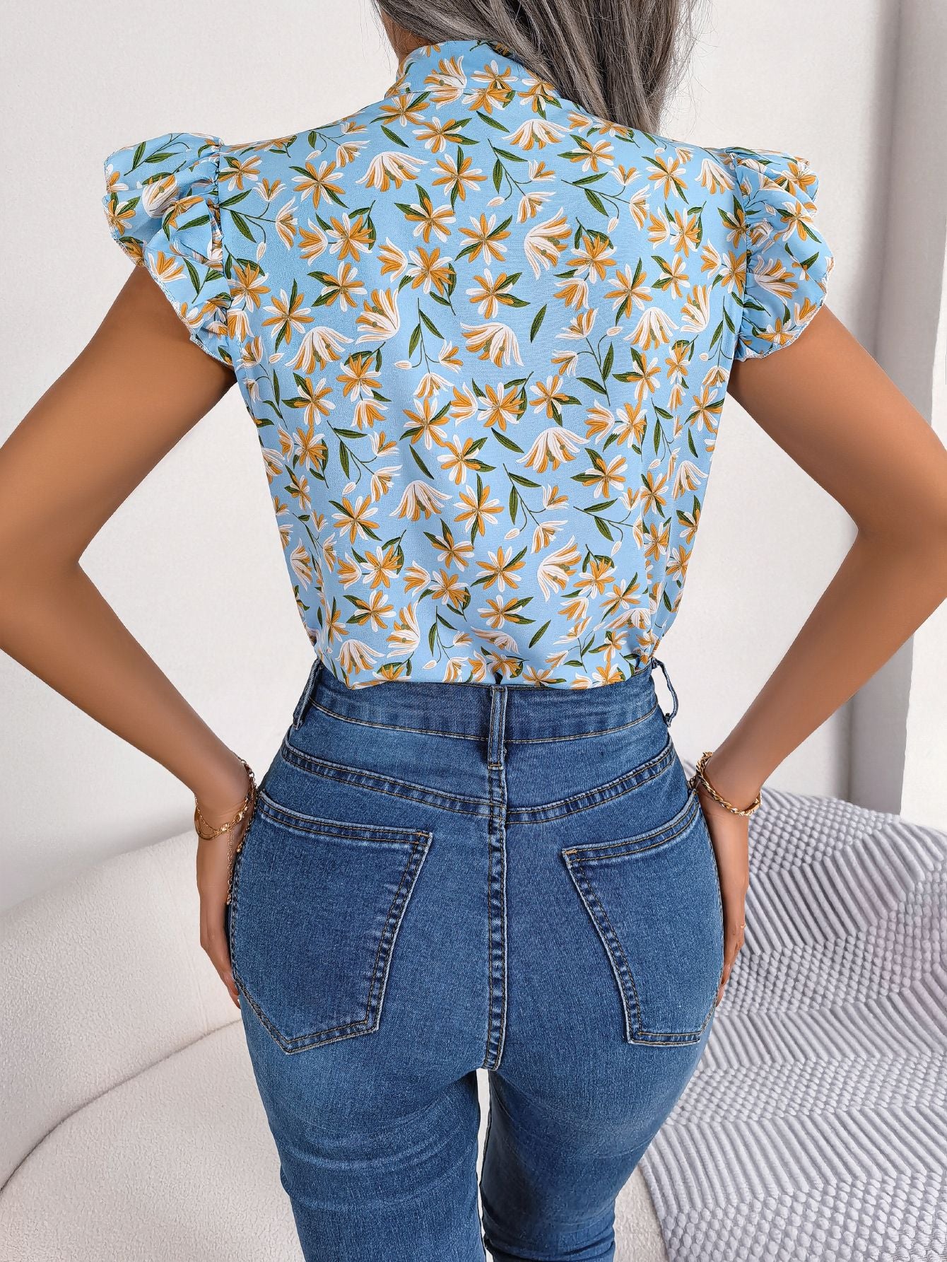 Floral Tie Neck Flutter Sleeve Blouse - Flyclothing LLC