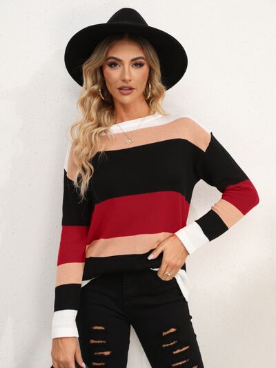 Striped Round Neck Dropped Shoulder Sweater - Flyclothing LLC