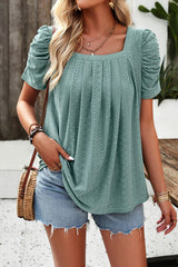 Eyelet Square Neck Puff Sleeve T-Shirt - Flyclothing LLC