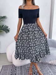 Printed Off-Shoulder Ruffle Hem Dress - Flyclothing LLC