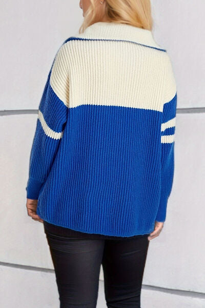 Quarter Zip Striped Dropped Shoulder Sweater - Flyclothing LLC