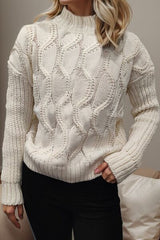 Cable-Knit Mock Neck Long Sleeve Sweater - Flyclothing LLC