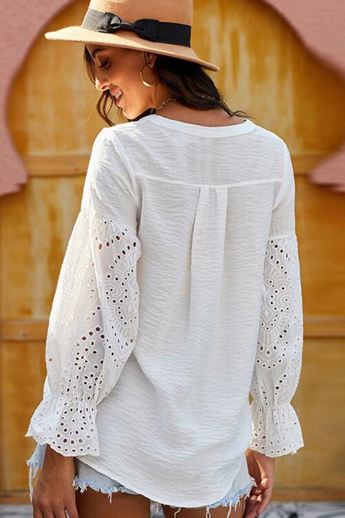 Crochet Flounce Sleeve Button Up Blouse - Flyclothing LLC