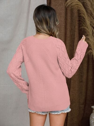 Openwork Round Neck Raglan Sleeve Sweater - Flyclothing LLC