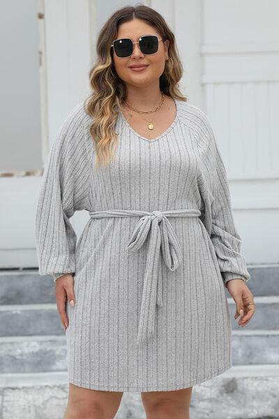 Plus Size Ribbed Tie Front Long Sleeve Sweater Dress - Flyclothing LLC