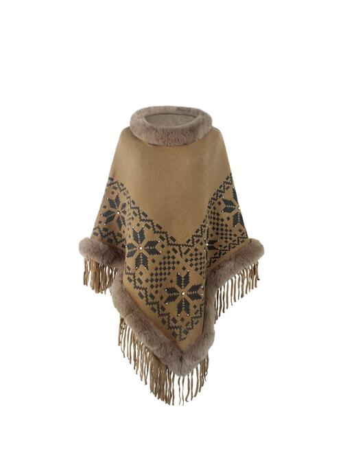 Fringe Geometric Cape Sleeve Poncho Khaki / One Size