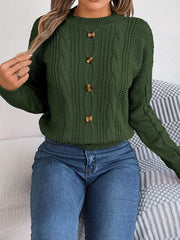 Cable-Knit Buttoned Round Neck Sweater - Flyclothing LLC