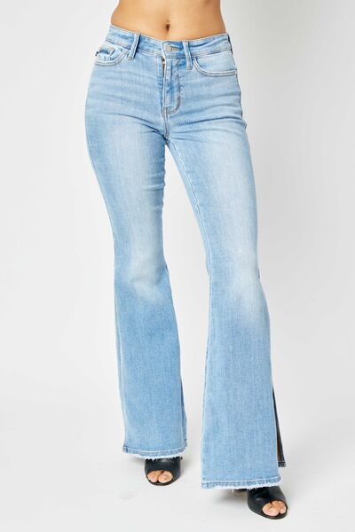 Judy Blue Full Size Mid Rise Raw Hem Slit Flare Jeans - Flyclothing LLC