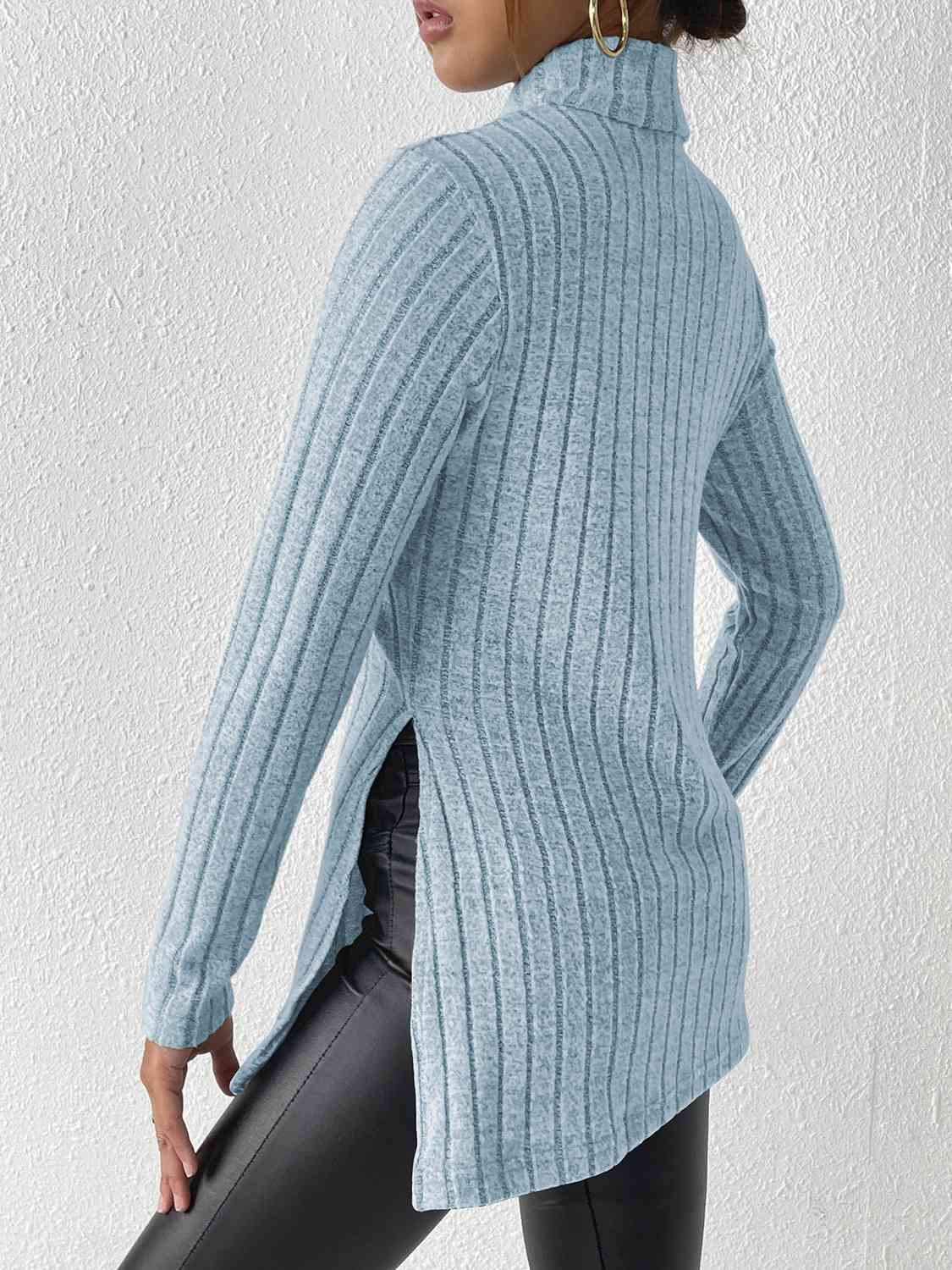 Ribbed Turtleneck Long Sleeve Slit T-Shirt - Flyclothing LLC