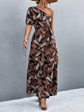 Printed Tie Waist One Shoulder Maxi Dress - Flyclothing LLC