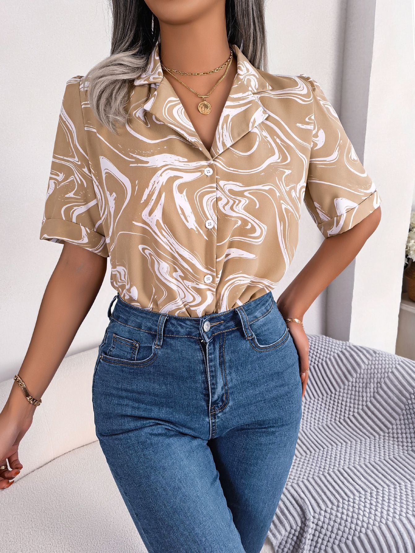 Printed Lapel Collar Shirt - Flyclothing LLC