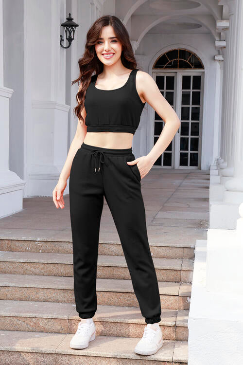 Waffle-Knit Cropped Tank and Drawstring Pants Set - Flyclothing LLC