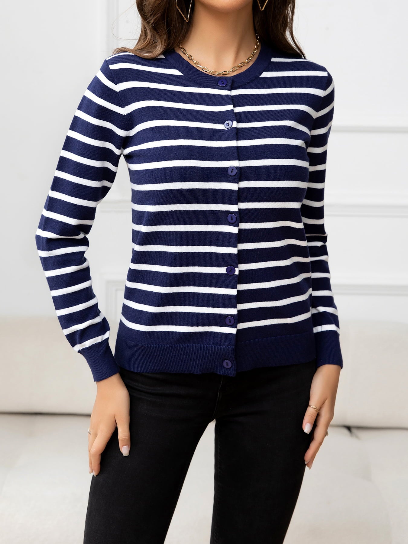 Striped Round Neck Long Sleeve Buttoned Knit Top - Flyclothing LLC