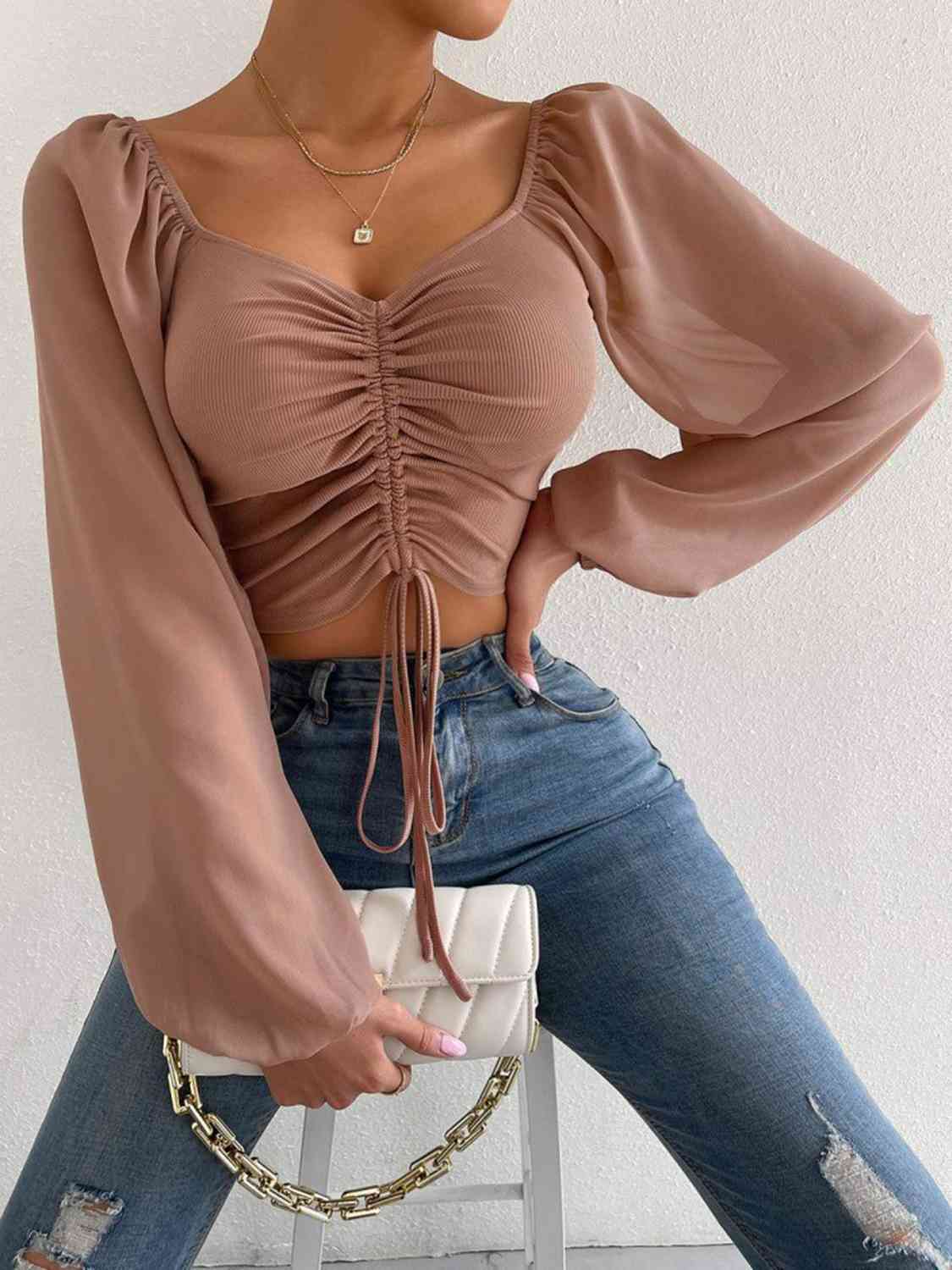 Drawstring Sweetheart Neck Cropped Top - Flyclothing LLC