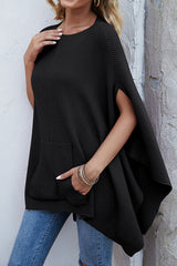 Waffle-Knit Pocketed Cape Sleeve Sweater - Flyclothing LLC