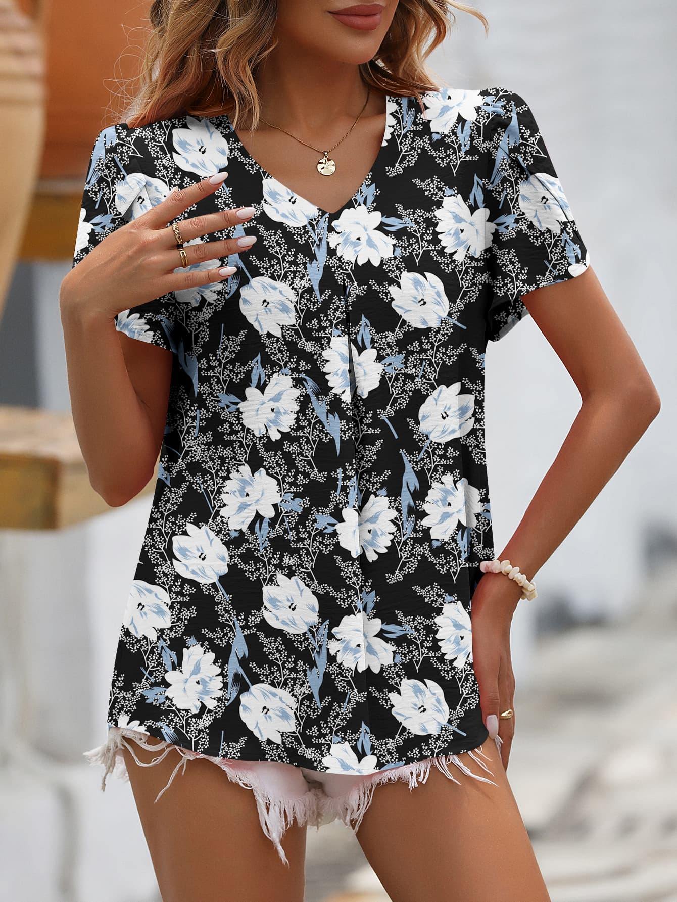 Ruche V-Neck Petal Sleeve Top - Flyclothing LLC