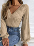 Cable-Knit V-Neck Long Sleeve Knit Top - Trendsi