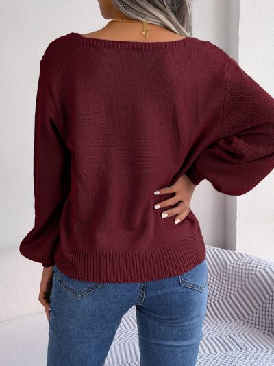 Cable-Knit Square Neck Long Sleeve Sweater - Flyclothing LLC