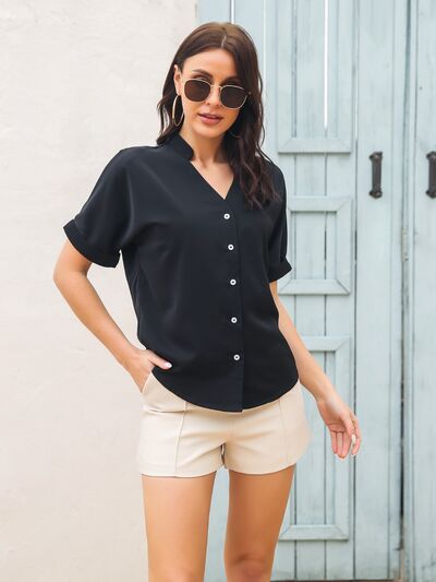 Notched Button Up Short Sleeve Shirt - Flyclothing LLC