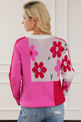 Floral Round Neck Dropped Shoulder Sweater - Flyclothing LLC