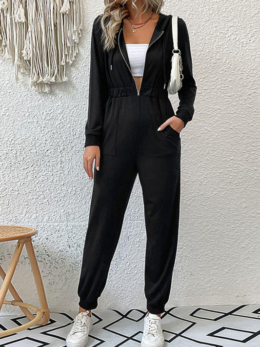 Zip Up Elastic Waist Hooded Jogger Jumpsuit - Flyclothing LLC